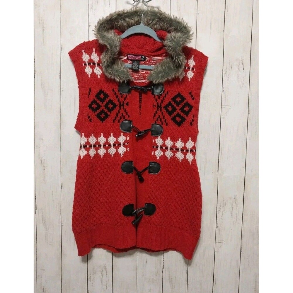 Say What Crochet Sweater Vest Fur Lined Hoodie Wool Blend Red Black Woman Large